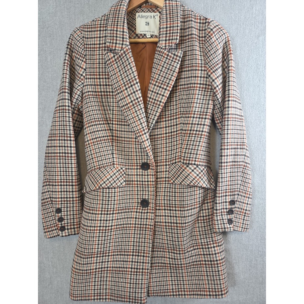Allegra K Blazer Style Trench Coat Womens XS Wool Blend Earthy Plaid Lined
